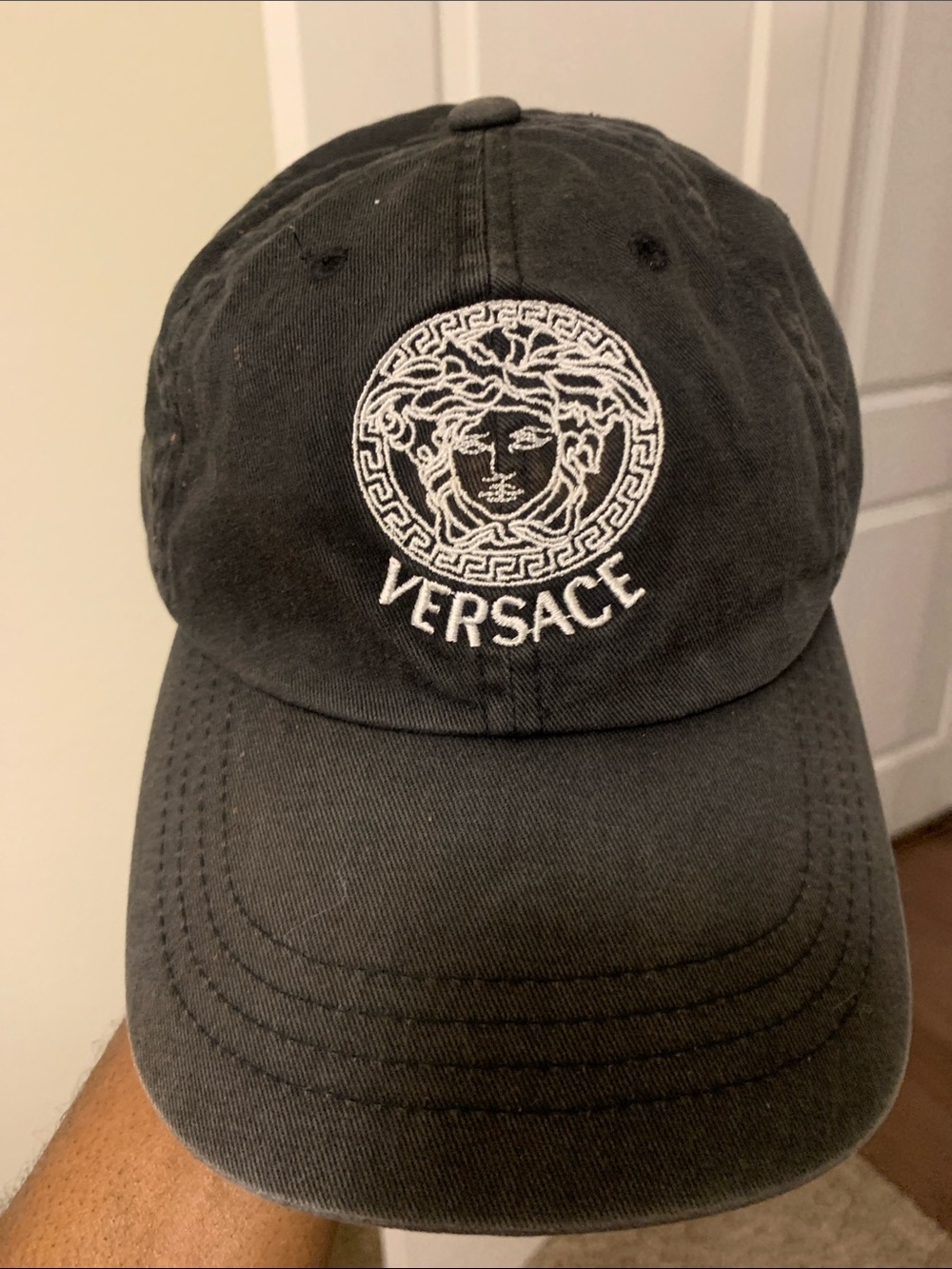 Versace Black Cap with White Embroidered Medusa